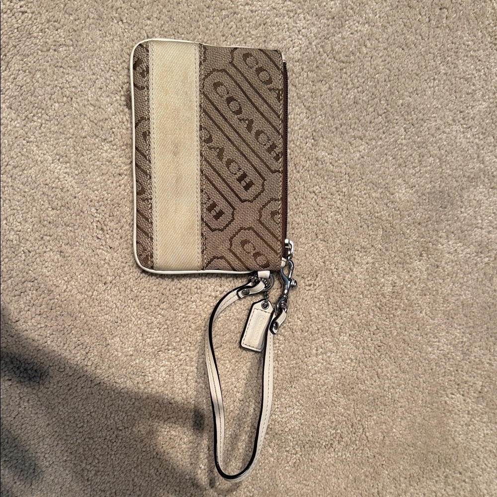 Coach Beige and Brown Signature Phone Wristlet
